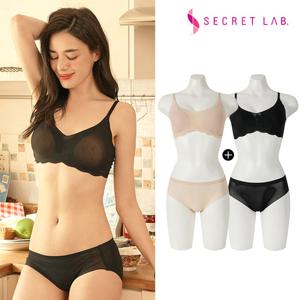 브이넥 파워넷 메쉬 프리컷 스트랩 브라+팬티 2종 SET