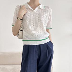 샵앤) 국산 여성 카라넥 꽈배기 반팔 니트 티셔츠 21DS-WKN-3509-화이트-z
