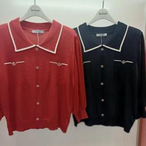 Destijl HC06 크롭 쉬폰소매배색 7부 깔끔한 레모나 찰랑찰랑한 카라니트티 D2531sw06