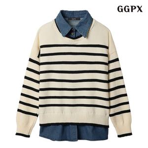 [지지피엑스]캐쥬얼 데님 셔츠 레이어드 단가라 긴팔 니트 (GODKT013D)