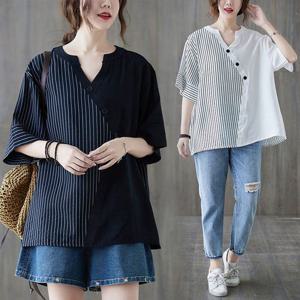 F007554_단가라배색 V넥 단추포인트 루즈핏 티셔츠 셔츠블라우스