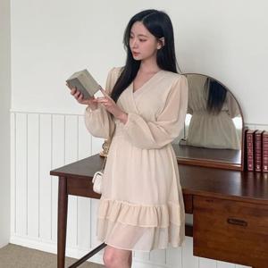 [신상오픈런]KHO4779쉬테르 하객룩 원피스 우아한 V넥 밴딩 프릴