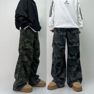 S~L[UNISEX/밑단스냅]밀리터리 롱 와이드 코튼 팬츠 카모 사계절 남여공용 커플 빅사이즈 아이돌 댄스 하이웨스트 면 바지 빈티지 유니크 파라슈트 팬츠
