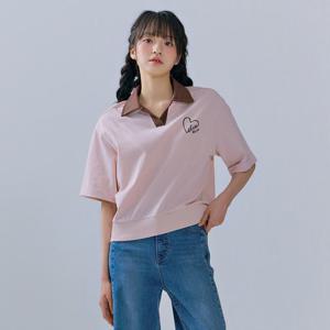 여성 배색 카라 5부 티셔츠-CERG5762B0P