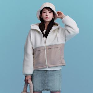 여성 우븐 배색 보아 후드집업-CFRG4375D0X