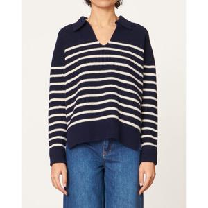 아떼바네사브루노 24FW 다크네이비 울 스트라이프 오픈카라 니트 VISW4F103N3