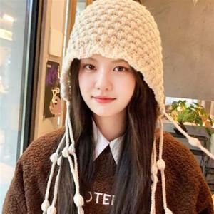 러블리 버킷햇 여자 비니 귀달이 끈달린 모자 니트