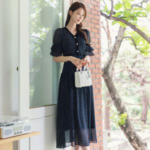 [시크라인]시네마 밴딩 캉캉 슬리브 도트 쉬폰 원피스