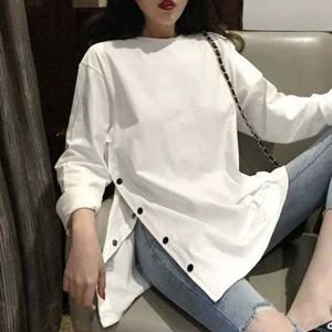 여자여름티셔츠 여성 봄 가을 티셔츠 옆트임 단추 긴팔 라운드티 커플반팔티