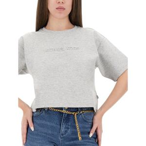 마이클코어스 크롭 크루넥 로고 자수 그레이 티셔츠 MT551T65MF