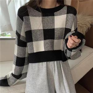 가을 체크 여성 모던한 티셔츠 LK-K013 데일리 의류 패턴 크롭