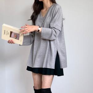 샵앤) 여성 V넥 오버핏 옆트임 긴팔 무지 티셔츠 21DS-WSH-4901-그레이