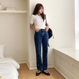 여성 하트무늬 데님일자핏 스판청바지