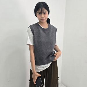 샵앤) 여성 라운드 옆트임 세미크롭 레이어드 니트 조끼 SIU-WVS-4941-블랙