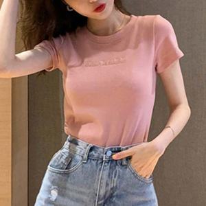 여성 기본 외출 패션 라운드 영문 반팔 티셔츠