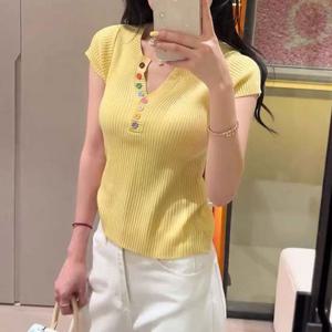 G126922_컬러단추 헨리넥 골지 반팔니트 티셔츠