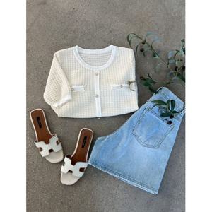 [샵앤]여성 배색 라운드 데일리 트위드 반팔 니트 티셔츠 DGB-WKN-3362-아이보리