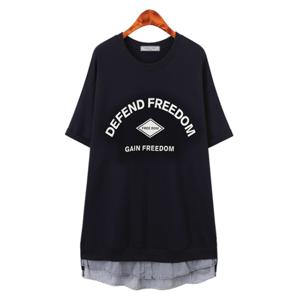 [허밍퍼플] 여성용 8463-반팔 프리덤 라운드 여름 레이어드 영문 프린트 품질 좋은 오버 플러스 사이즈