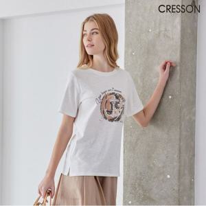 [크레송] 베이지 여성 23SS프린팅 포인트 슬럽 티셔츠 C232B003A_BE