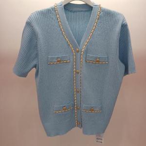 Latium HC06 깔끔하고 색상 예쁜 골지 체인 브이넥 반팔 트위드느낌 니트티형 가디건 T2523cd04LB