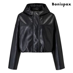 [보니스팍스]크롭 밴딩 후드 집업 레더 자켓 (XP4JK002L0)