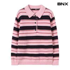 [BNX] 반버튼 카라 스트라이프 배색 니트 (BX4KP012L0)