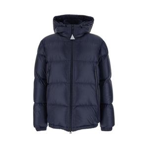 MONCLER Rivau Dark Blue Down Jacket with Fixed Hood and Logo Patch on the Sleeve in Tech Fabric Man 1A00237597XQ776