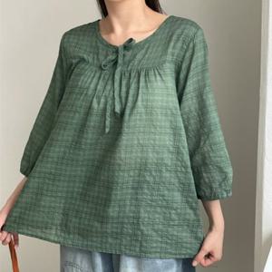 [애슬릿][애슬릿]가슴 셔링 끈 리본 라운드 아사 거즈면 블라우