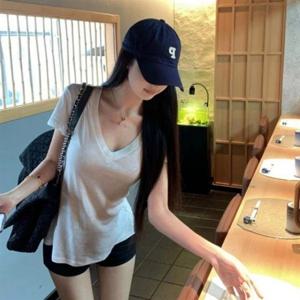 G126897 슬림티 의류 시원한 V넥 기본 슬라브 데일리 반팔티셔츠