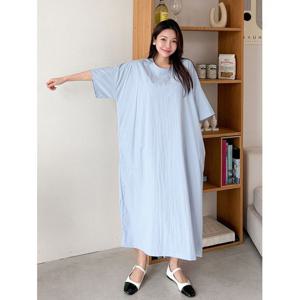 [샵앤]빅사이즈 여성 라운드 드롭숄더 데일리 반팔 롱 원피스 AMI-WDR-3337-핑크
