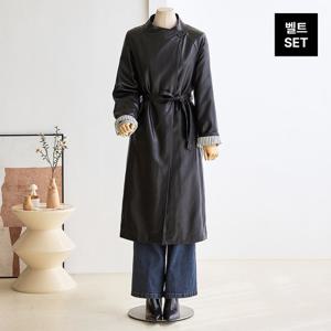 [커스텀에이블] 스트라이프 배색 안감 롱 레더 코트_T2510CT606C