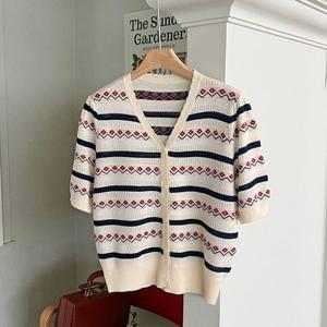 [샵앤]물결단가라 여성 오픈 봄 여름 간절기 반팔 니트 가디건 BONG-WCD-3114-네이비