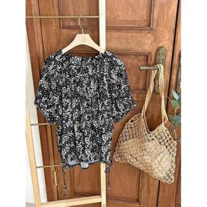 [샵앤]퍼프링여성 라운드 밑단스트링 오피스 데일리 반팔 블라우스 JR-WBL-3529-블랙