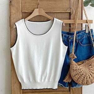 샵앤) 여성 배색 라운드넥 베이직 기본 민소매 니트 티셔츠 JR-WKN-4367-아이보리