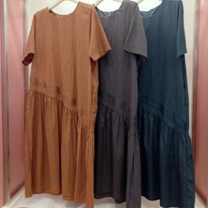 Latium HC06 얇고 가벼운 H라인 주머니 라운드 반팔 무지 셔링 롱원피스 T2552op01