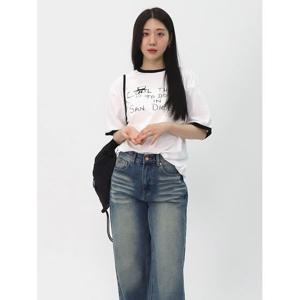 [스콰즈] 남녀공용 코튼 배색 프린팅 반팔 티셔츠 링거 티셔츠 SYM012