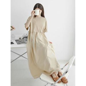 [샵앤]마망 국산 여성 라운드 5부 빅사이즈 반팔 면 롱 원피스 AMI-WDR-3262-베이지