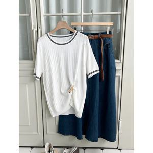 [샵앤]배색 라운드 여성 골지 반팔 니트 티셔츠 BONG-WKN-3116-아이보리