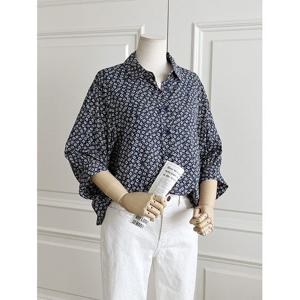 [샵앤]미니플라워 여성 카라 7부 데일리 반팔 셔츠남방 블라우스 DGB-WNB-3497-네이비