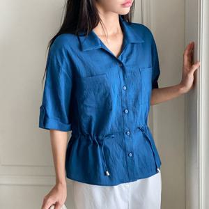 샵앤) 셀리 카라 스트링 롤업소매 반팔셔츠TOP-WNB-3538-딥블루