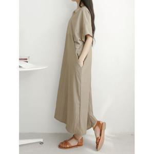[샵앤]가오리 국산 여성 라운드 데일리 벌룬 절개 반팔 롱 원피스 AMI-WDR-3336-카키