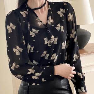 샵앤) 여성 나염 시스루 쉬폰 블랙 블라우스 SIU-WBL-3814-리본