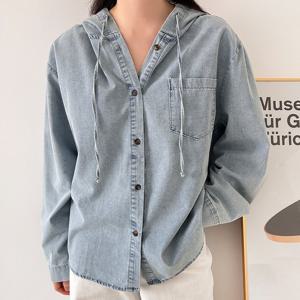 샵앤) 여성 베이직 간절기 후드 데님 셔츠 남방 21DS-WBL-4149-진청