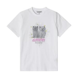 GANNI T4060 151 고양이 로고 프린트 여성 반팔티