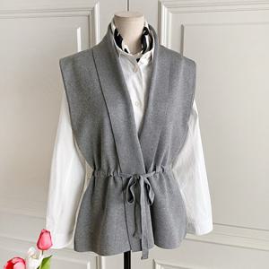 샵앤) 여성 턱시도 베스트 허리 리본끈 레이어드 니트 조끼 DGB-WVS-4195-그레이