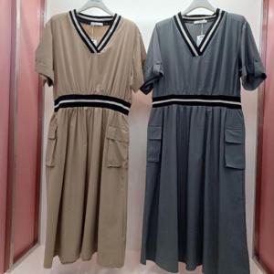 Destijl HC06 스판 소매 롤업 A라인 플레어 브이넥 반팔 카고 원피스 D2523op10