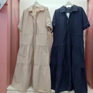 Latium HC06 앞오픈 5부 주머니 A라인 캉캉 플레어 카라 반팔 롱원피스 T2523op08