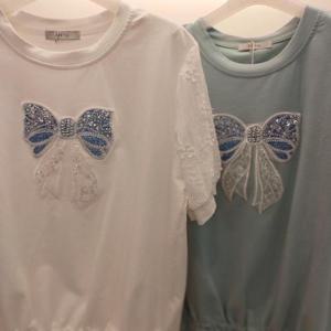 Destijl HC06 스판 레이스 소매 옆트임 큰리본 비즈 데일리 라운드 반팔티 D2523ts07