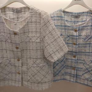 Destijl HC06 숏짧은 주머니 반팔 체크 라운드 트위드쟈켓 D2523jk01