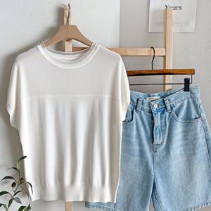 샵앤) 여성 레이스 라운드넥 나그랑 반팔 니트 티셔츠 BONG-WKN-4360-연베이지